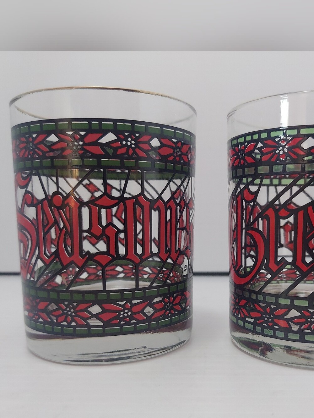 Seasons Greetings Red & Green Stained-Glass Pattern Glass Tumbler Set Of 2